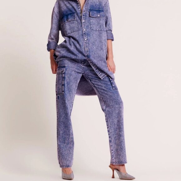 One Teaspoon Mid Waist Purple Denim Jeans Relaxed Fit Utility Cargo Pockets - Picture 1 of 6